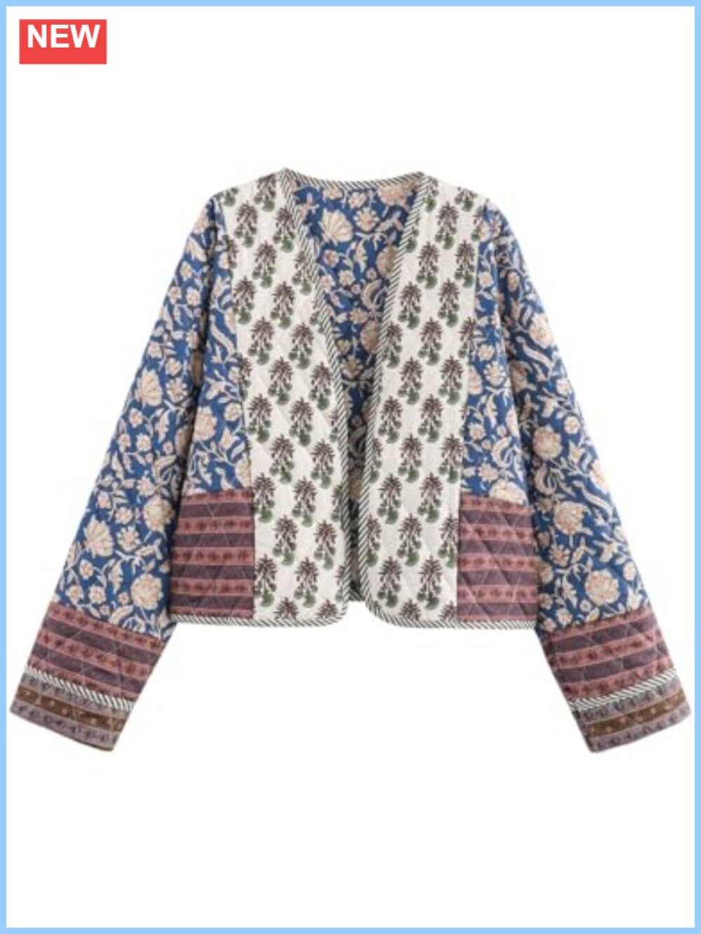 Cropped Quilted Lightweight Floral Print Puffer Jacket Open Front Long Sleeve
